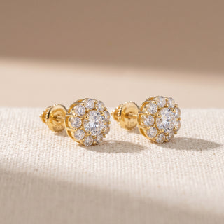 Gold vermeil round flower halo moissanite stud earrings, macro detail of the petal halo