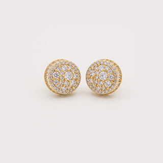 12mm baguette edge round cluster moissanite stud earrings in yellow gold vermeil over 925 sterling silver