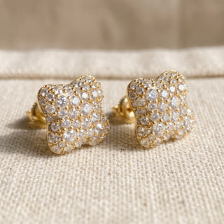 Gold vermeil scalloped square pave moissanite stud earrings, macro detail