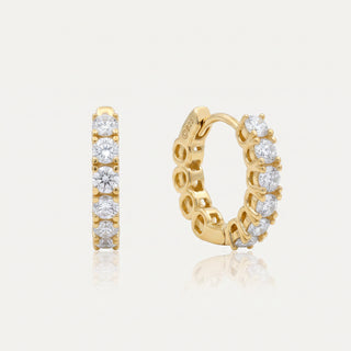 Gold vermeil 17mm eternity shared prong moissanite huggie hoop earrings, hero