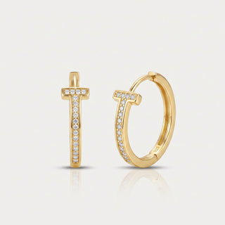 Gold vermeil 18mm slim pave T bar moissanite huggie hoop earrings, hero