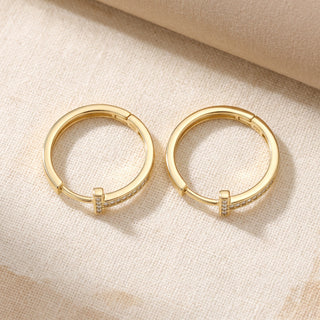 Gold vermeil 18mm slim pave T bar moissanite huggie hoop earrings, macro detail of the hinge