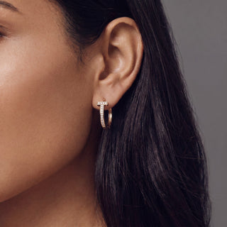 Gold vermeil 18mm slim pave T bar moissanite huggie hoop earrings shown on model