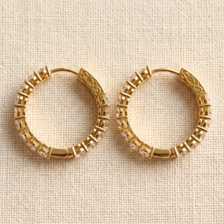 Detail of the hinged snap closure on the gold vermeil inside out moissanite hoop
