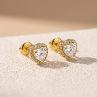 Gold vermeil heart shaped halo moissanite stud earrings, macro detail