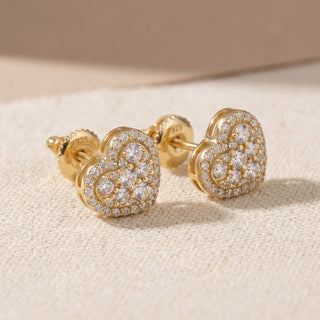 Gold vermeil pave cluster heart halo moissanite stud earrings, macro detail of the cluster face