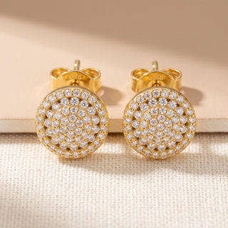 Close-up of the polished rim and low side profile on the gold vermeil pavé disc stud