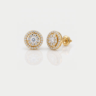 Flower cluster double halo moissanite stud earrings in yellow gold vermeil over 925 sterling silver