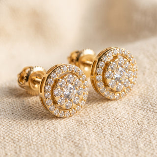 Close-up of the gold vermeil double halo stud showing the polished rim between the two rings of stone