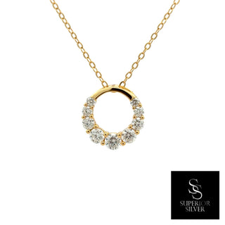 Graduated stone open circle moissanite necklace in yellow gold vermeil over sterling silver, view 2