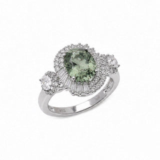 Green Oval Baguette Halo with Round Side Stones Moissanite Ring in sterling silver