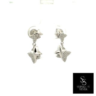 Half pavé four-point star drop moissanite earrings in sterling silver, view 2