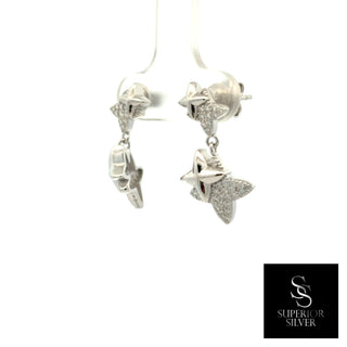 Half pavé four-point star drop moissanite earrings in sterling silver, view 3