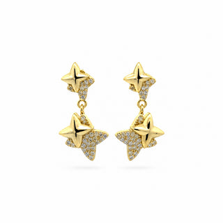 Half pavé four-point star drop moissanite earrings in yellow gold vermeil over sterling silver
