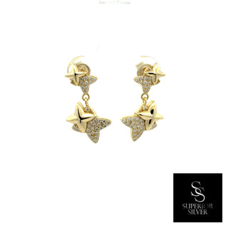 Half pavé four-point star drop moissanite earrings in yellow gold vermeil over sterling silver, view 2