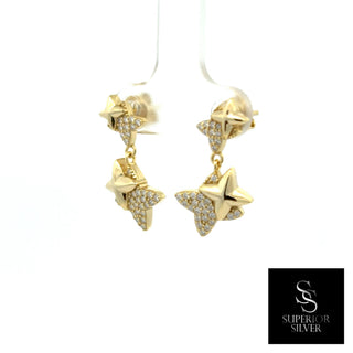Half pavé four-point star drop moissanite earrings in yellow gold vermeil over sterling silver, view 3