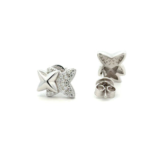 Half pavé four-point star moissanite stud earrings in sterling silver