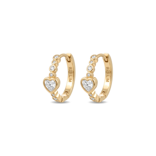 Heart and Graduated Round Moissanite Huggie Hoop Earrings in yellow gold vermeil
