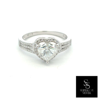 Heart center halo with split pavé shank moissanite ring in sterling silver, view 2