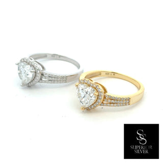 Heart center halo with split pavé shank moissanite ring in sterling silver and yellow gold vermeil, side by side