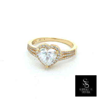 Heart center halo with split pavé shank moissanite ring in yellow gold vermeil over sterling silver, view 2