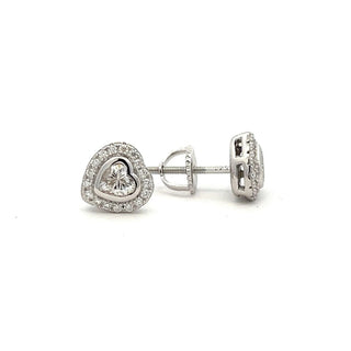 Heart cut bezel halo moissanite stud earrings in sterling silver
