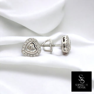 Heart cut bezel halo moissanite stud earrings in sterling silver, view 2