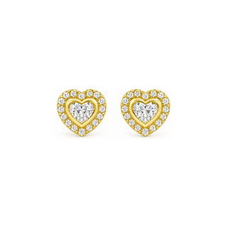 Heart cut bezel halo moissanite stud earrings in yellow gold vermeil over sterling silver