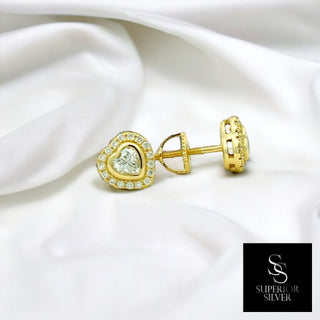 Heart cut bezel halo moissanite stud earrings in yellow gold vermeil over sterling silver, view 2