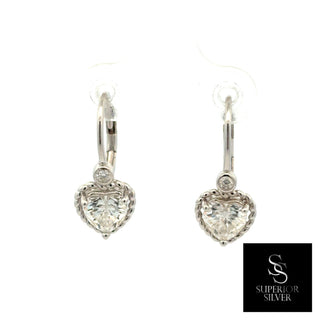 Heart halo leverback drop moissanite earrings in sterling silver, view 2