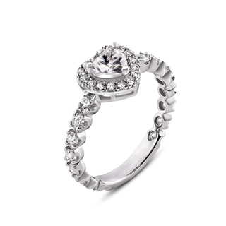 Heart Halo on Shared-Prong Round Stone Band Moissanite Ring in sterling silver