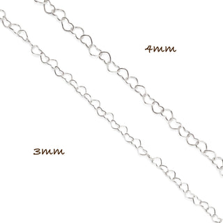 3mm and 4mm Heart Bracelets in Sterling Silver, close-up comparison