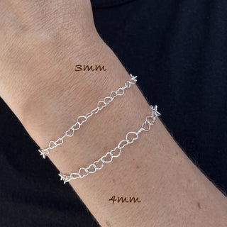 3mm and 4mm Heart Bracelets in Sterling Silver worn on the wrist