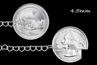 4.5mm Heart Bracelet in Sterling Silver shown next to US quarters for size
