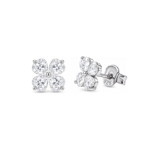 Heart-Petal Four-Leaf Clover Moissanite Stud Earrings with clear stones in sterling silver