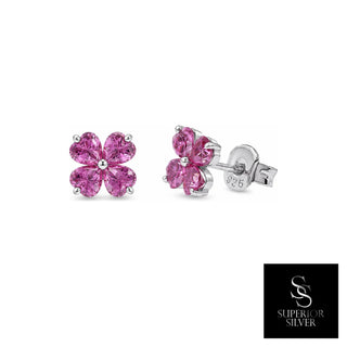 Heart-Petal Four-Leaf Clover Moissanite Stud Earrings with red stones in sterling silver