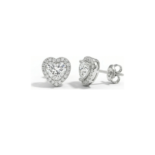 Heart Shaped Halo Moissanite Stud Earrings in Sterling Silver