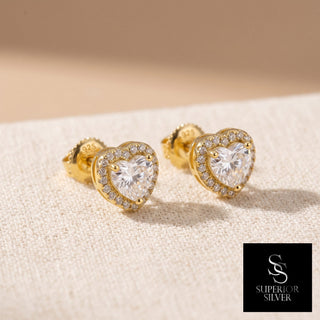Gold vermeil heart shaped halo moissanite stud earrings, macro detail