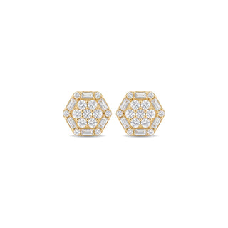 Hexagon baguette cluster moissanite stud earrings in yellow gold vermeil over sterling silver
