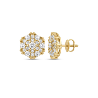 Hexagon Flower Cluster Pavé Moissanite Stud Earrings in yellow gold over sterling silver