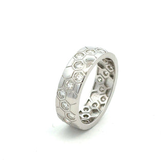 Honeycomb pavé wide band moissanite ring in sterling silver