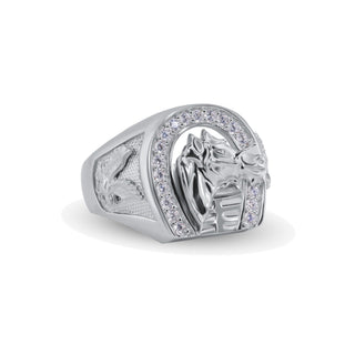 Horseshoe Frame with 3D Horse Head Moissanite Ring in sterling silver