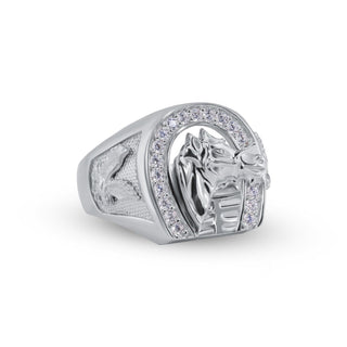 Horseshoe Frame with 3D Horse Head Moissanite Ring in sterling silver, view 2