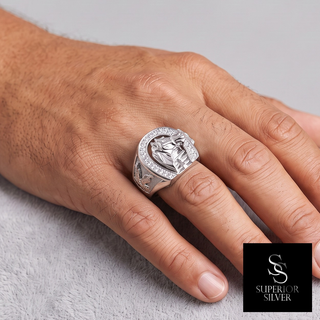 Horseshoe Frame with 3D Horse Head Moissanite Ring in sterling silver, worn on hand