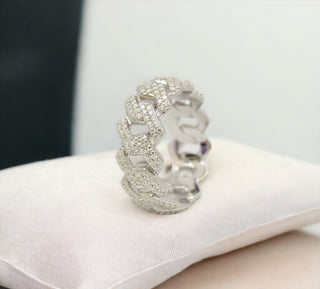 Iced Cuban link band moissanite ring in sterling silver, view 2