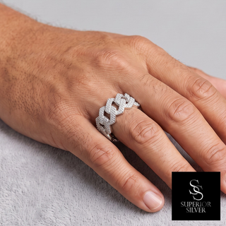 Iced Cuban Link Band Moissanite Ring in sterling silver, worn on hand