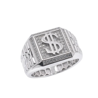 Iced Dollar Sign Square Signet Moissanite Ring in sterling silver