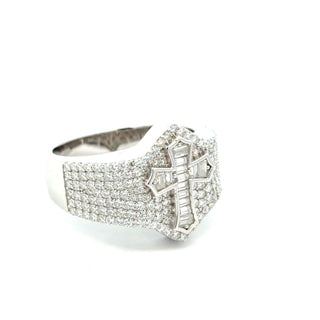 Iced signet with raised cross moissanite ring in sterling silver