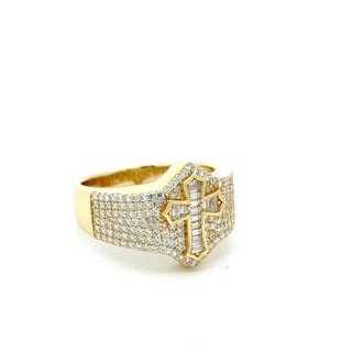 Iced signet with raised cross moissanite ring in yellow gold vermeil over sterling silver