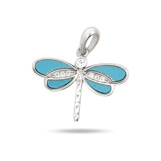 Inlaid Wing Dragonfly Moissanite Pendant in sterling silver with turquoise wings